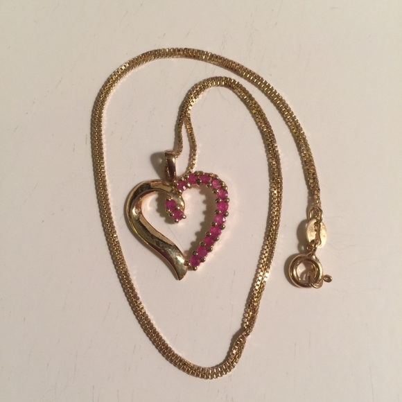 Ruby Heart Gold Plated Necklace 17” Box Chain - Picture 6 of 8
